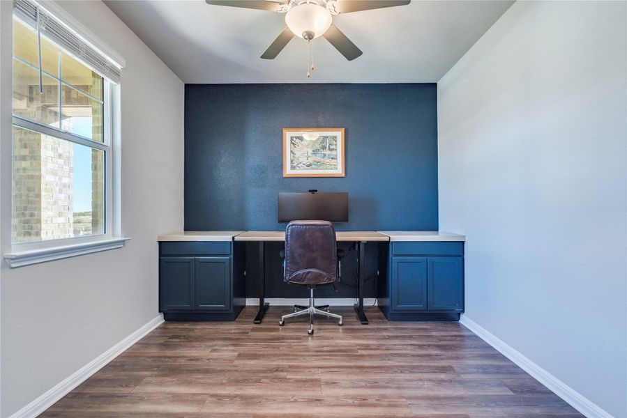 Dedicated office with built custom built ins.