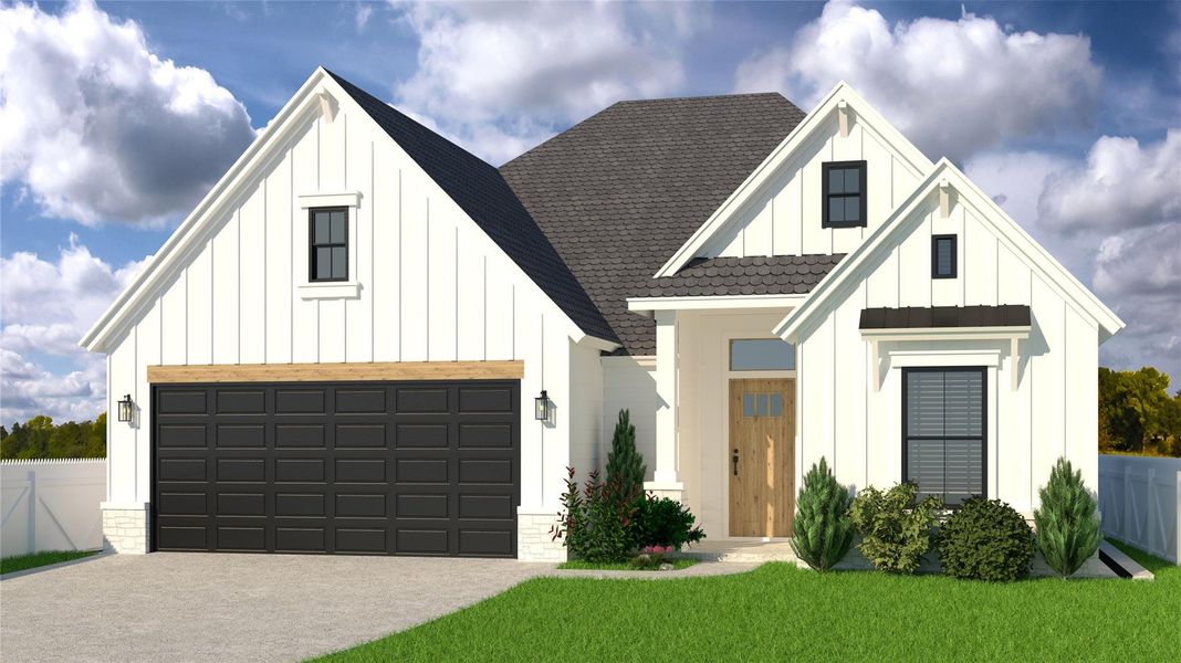 Modern farmhouse with board-and-batten siding, black windows, and wood accents. Modern farmhouse with board-and-batten siding, black windows, and wood accents.