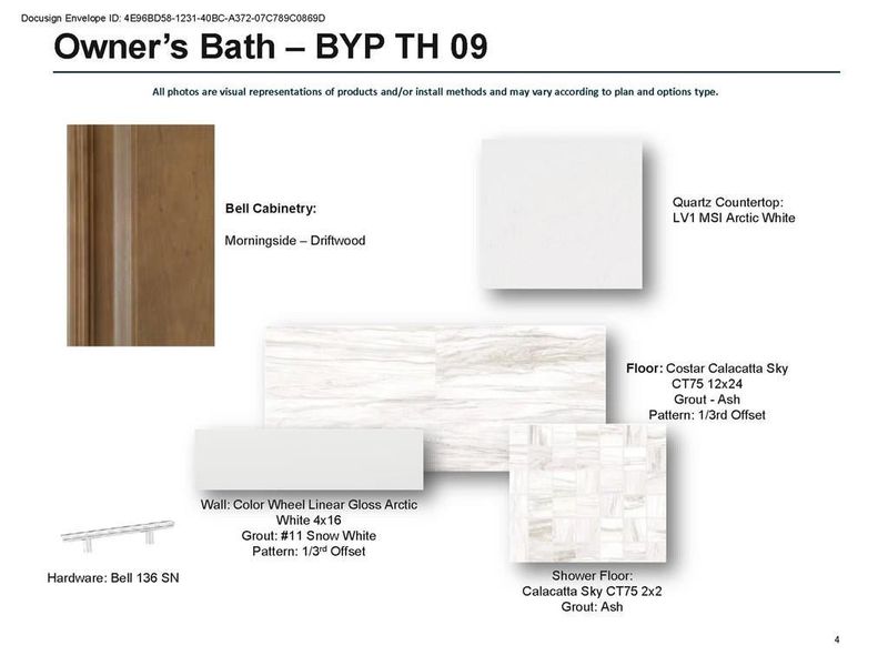 Design selections for Primary Bathroom - Driftwood cabinets with quarts countertop, shower tile, shower floor tile and floor tile.