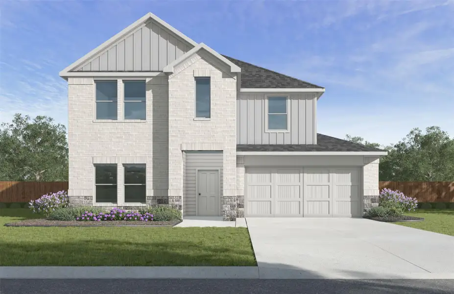 Front exterior of a new home in Tamarron, Fulshear, TX, highlighting curb appeal (Image 1). Front exterior of a new home in Tamarron, Fulshear, TX, highlighting curb appeal (Image 1).