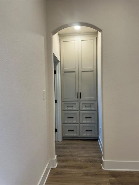 Archway entry leading to built-in cabinetry featuring shaker-style doors and drawers with matte black hardware, recessed lighting, and wood-finish flooring