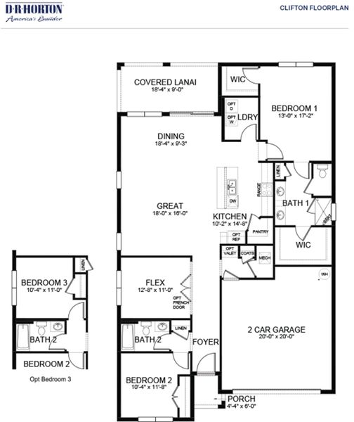2D floor plan layout for the Clifton by D.R. Horton in Cypress Bay West, Palm Bay, FL (Image 3). 2D floor plan layout for the Clifton by D.R. Horton in Cypress Bay West, Palm Bay, FL (Image 3).