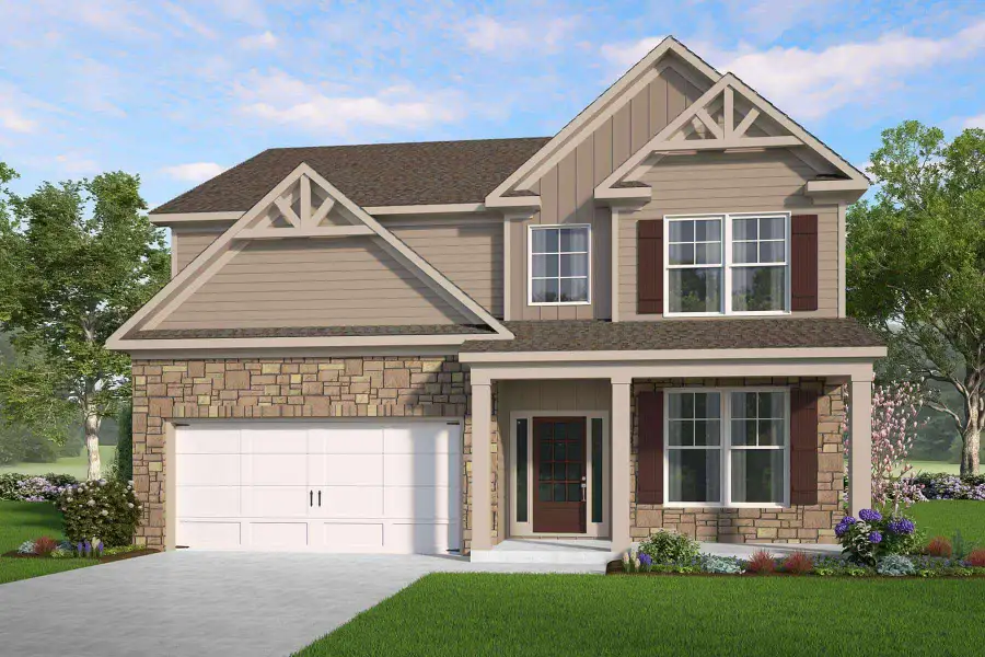 Representative exterior photo of a completed home built from the Inwood by McKinley Homes in Clark Farms, Flowery Branch, GA (Image 1). Representative exterior photo of a completed home built from the Inwood by McKinley Homes in Clark Farms, Flowery Branch, GA (Image 1).