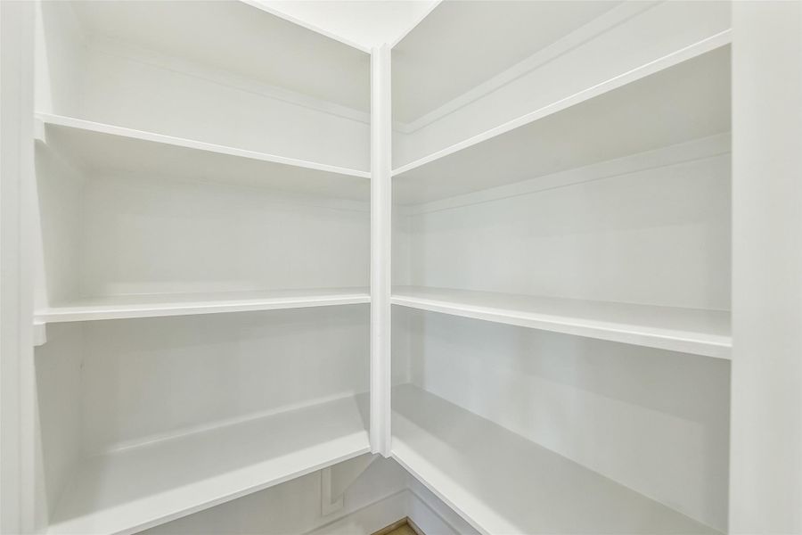 Kitchen walk-in pantry with built-in shelving offering plenty of space for food storage and kitchen organization.