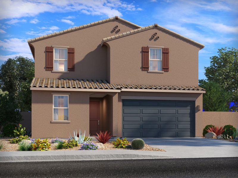 Representative exterior photo of a completed home built from the Emerald by Meritage Homes in Entrada Del Toro, Sahuarita, AZ (Image 2). Representative exterior photo of a completed home built from the Emerald by Meritage Homes in Entrada Del Toro, Sahuarita, AZ (Image 2).