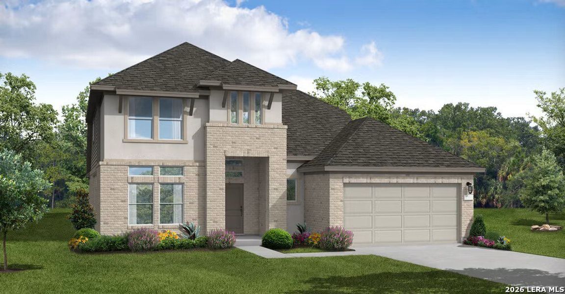 Front exterior of a new home in Homestead, Schertz, TX, highlighting curb appeal (Image 1). Front exterior of a new home in Homestead, Schertz, TX, highlighting curb appeal (Image 1).