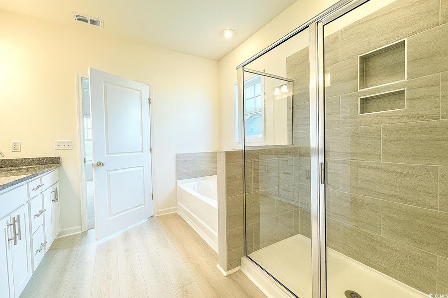 Bathroom featuring a bath, vanity, a shower stall, and wood finished floors Bathroom featuring a bath, vanity, a shower stall, and wood finished floors