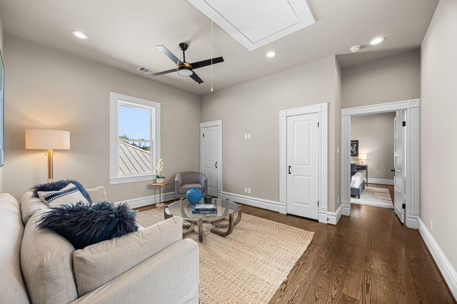 The 2nd floor living room area works great as a TV room, kids play area, game room, additional home office. The 2nd floor living room area works great as a TV room, kids play area, game room, additional home office.