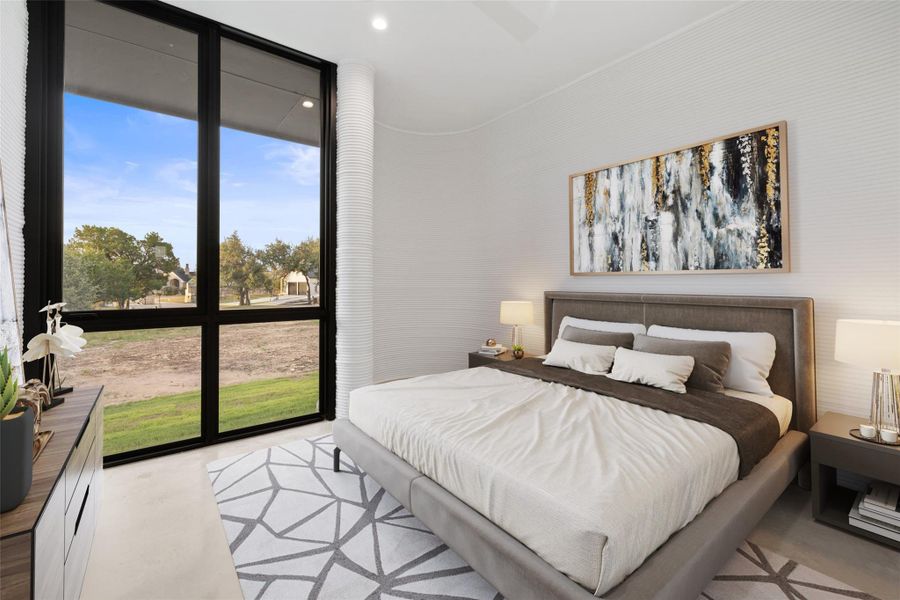 Bedroom featuring expansive windows, finished concrete flooring, recessed lighting, and ornamental molding