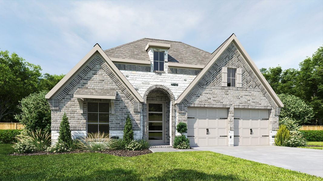 Front exterior of a new home in StoneCreek Estates, Richmond, TX, highlighting curb appeal (Image 1). Front exterior of a new home in StoneCreek Estates, Richmond, TX, highlighting curb appeal (Image 1).
