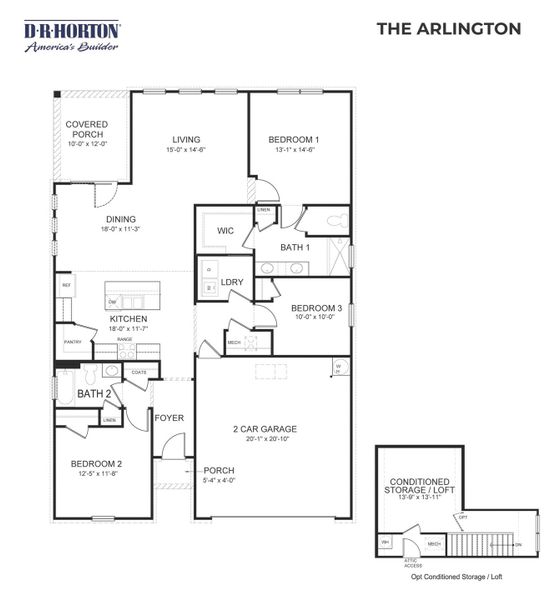 2D floor plan layout for the Arlington by D.R. Horton in Legacy Farms, White House, TN (Image 3).