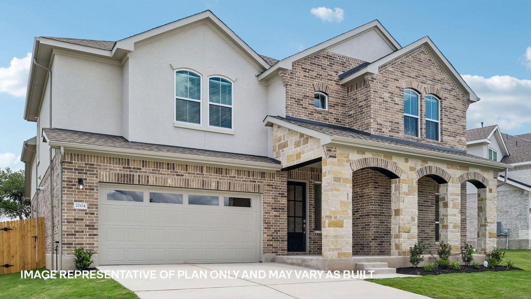Front exterior of a new home in Rosenbusch Ranch, Leander, TX, highlighting curb appeal (Image 2). Front exterior of a new home in Rosenbusch Ranch, Leander, TX, highlighting curb appeal (Image 2).
