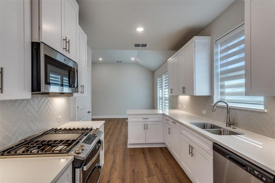 Kitchen featuring backsplash, stainless steel appliances, white cabinetry, dark wood-type flooring, and recessed lighting Kitchen featuring backsplash, stainless steel appliances, white cabinetry, dark wood-type flooring, and recessed lighting