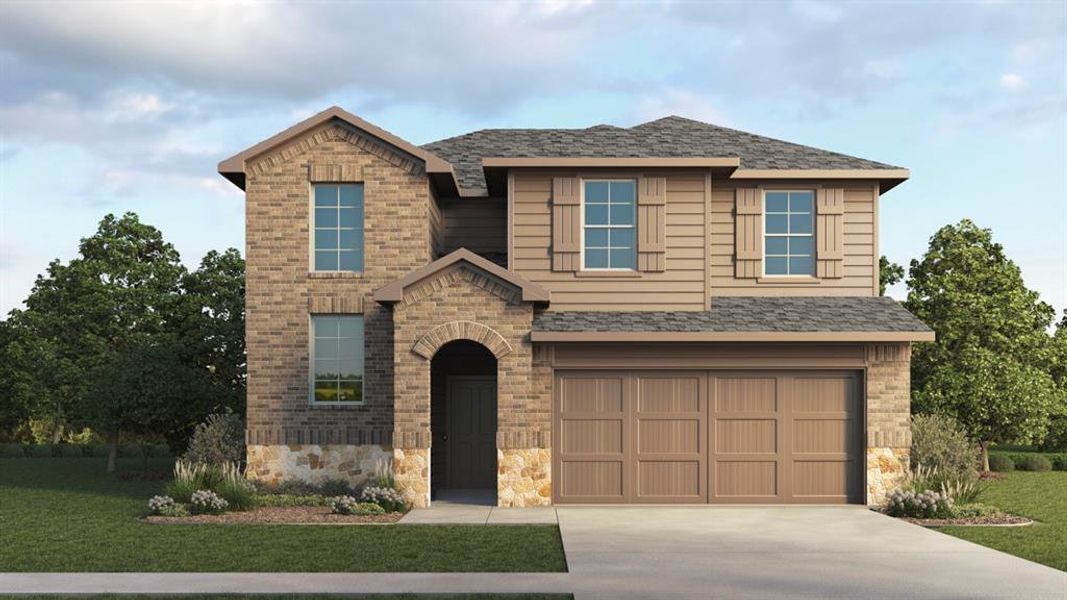 View of front of property featuring concrete driveway, stone siding, a front lawn, and a garage View of front of property featuring concrete driveway, stone siding, a front lawn, and a garage