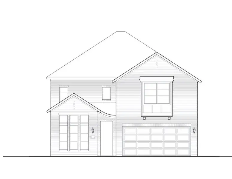 Two-story home elevation drawing with front-entry door, single-car garage, and large upper window