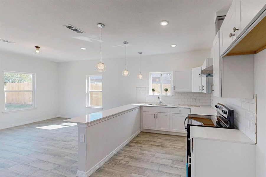 Kitchen featuring ventilation hood, light hardwood / wood-style flooring, sink, and white cabinets