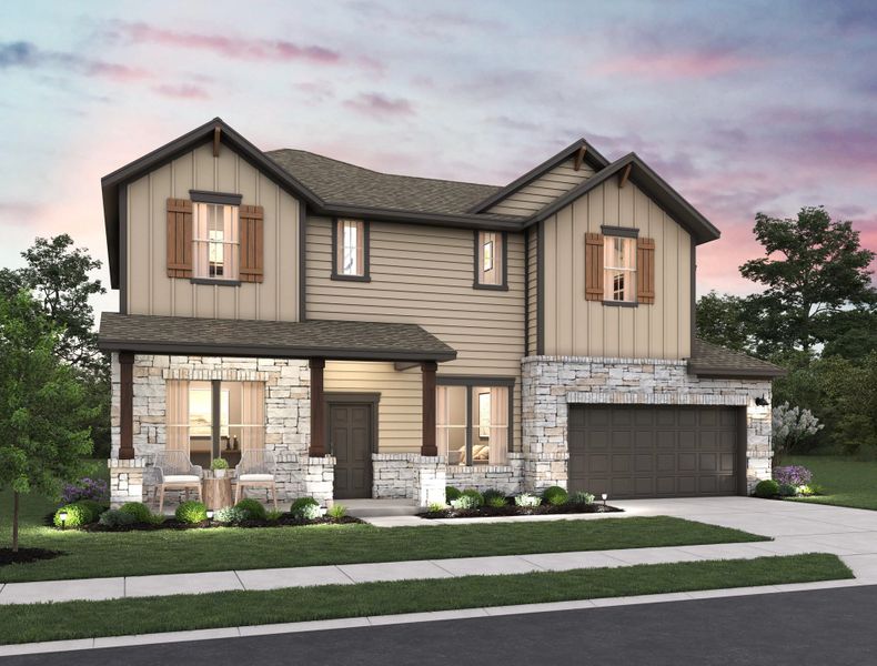 Representative exterior photo of a completed home built from the Hawthorne by Ashton Woods in The Trails at Carmel 60s, Pflugerville, TX (Image 4). Representative exterior photo of a completed home built from the Hawthorne by Ashton Woods in The Trails at Carmel 60s, Pflugerville, TX (Image 4).