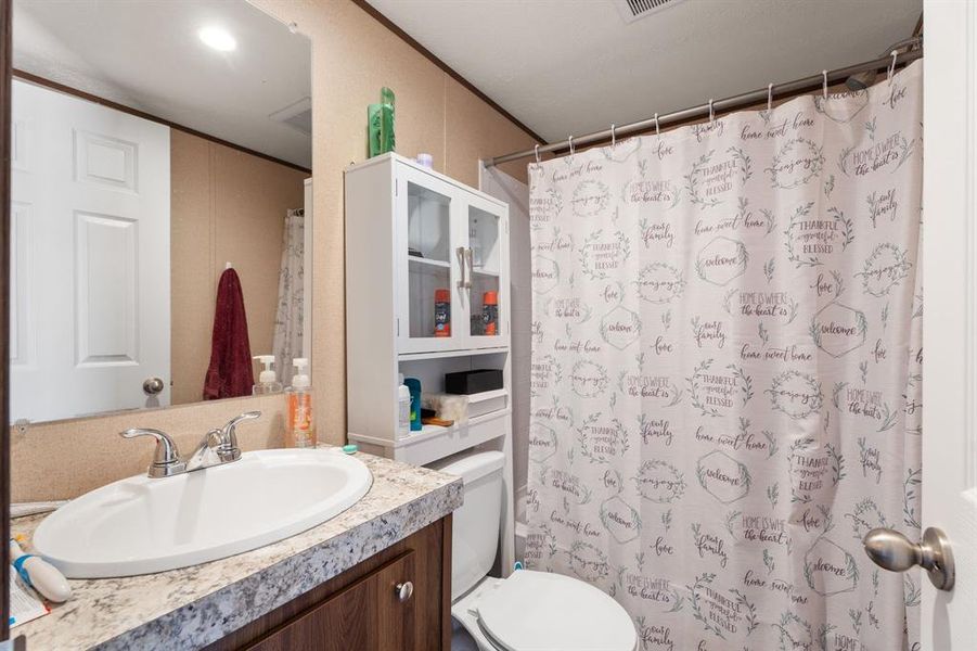 Bathroom with toilet, vanity, a shower with curtain, and ornamental molding Bathroom with toilet, vanity, a shower with curtain, and ornamental molding