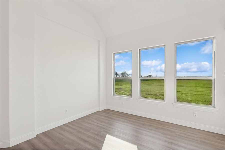 Unfurnished room featuring lofted ceiling and light wood-type flooring