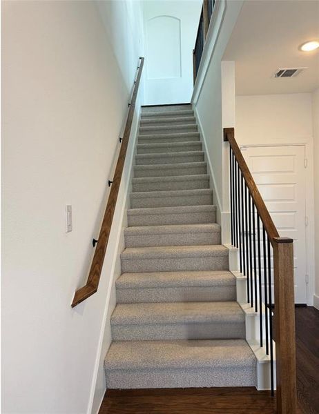 Stairs with hardwood / wood-style floors