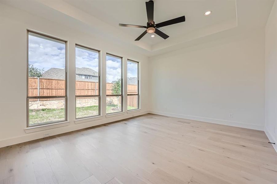 Empty room featuring light hardwood / wood-style floors, plenty of natural light, and ceiling fan