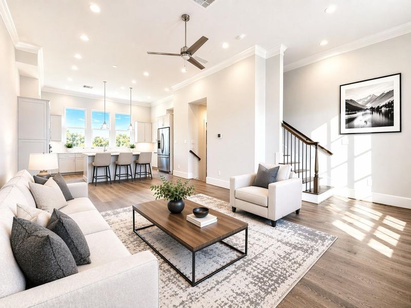 Soaring ceilings and so much natural light in this second-floor living and dining area.  Virtual staging added.