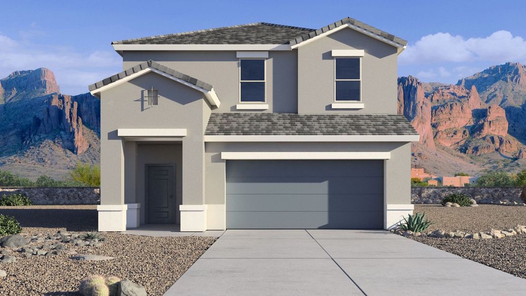 Front exterior of a new home in Radiance at Superstition Vistas, Apache Junction, AZ, highlighting curb appeal (Image 1).