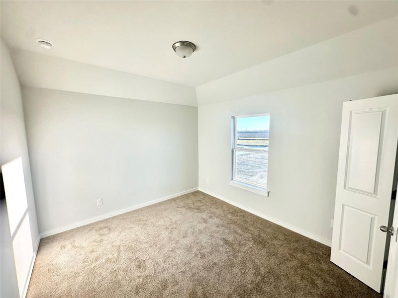 Spare room featuring lofted ceiling and carpet floors