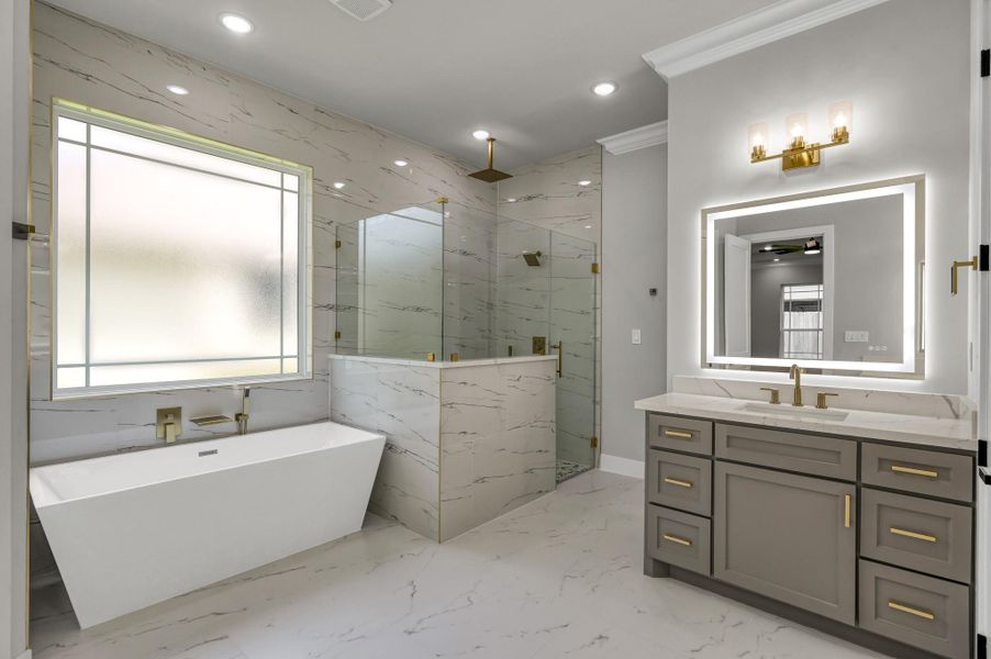 Enjoy the large walk-in shower at the start of your day. Then later relax and let the stresses of the day soak away in the oversized tub. Enjoy the large walk-in shower at the start of your day. Then later relax and let the stresses of the day soak away in the oversized tub.