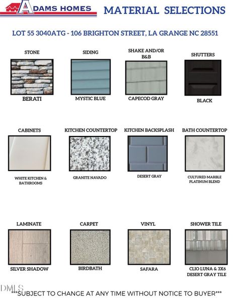 LOT 55 MATERIALS SELECTIONS