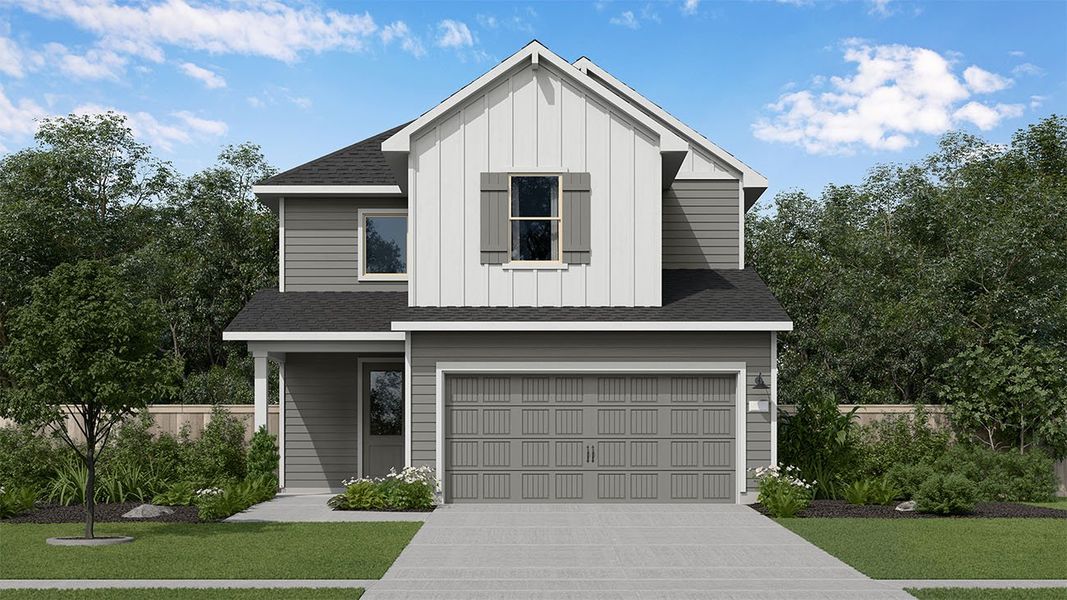 Representative exterior photo of a completed home built from the Ella Grace by New Home Co. in The Cottages Collection at Oakberry Trails, Waller, TX (Image 5).