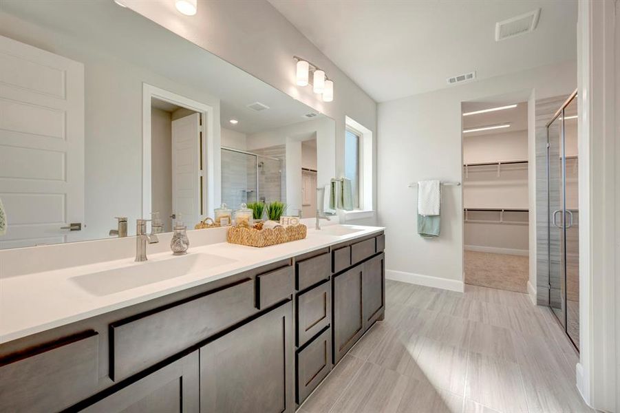 Bathroom featuring a walk in closet, a stall shower, and double vanity