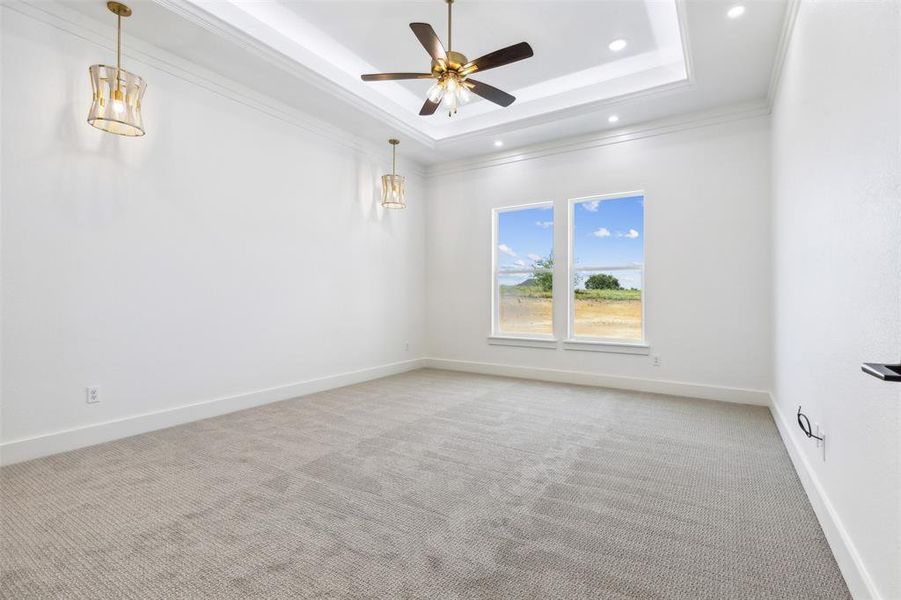 Carpeted empty room featuring ceiling fan, crown molding, and a tray ceiling