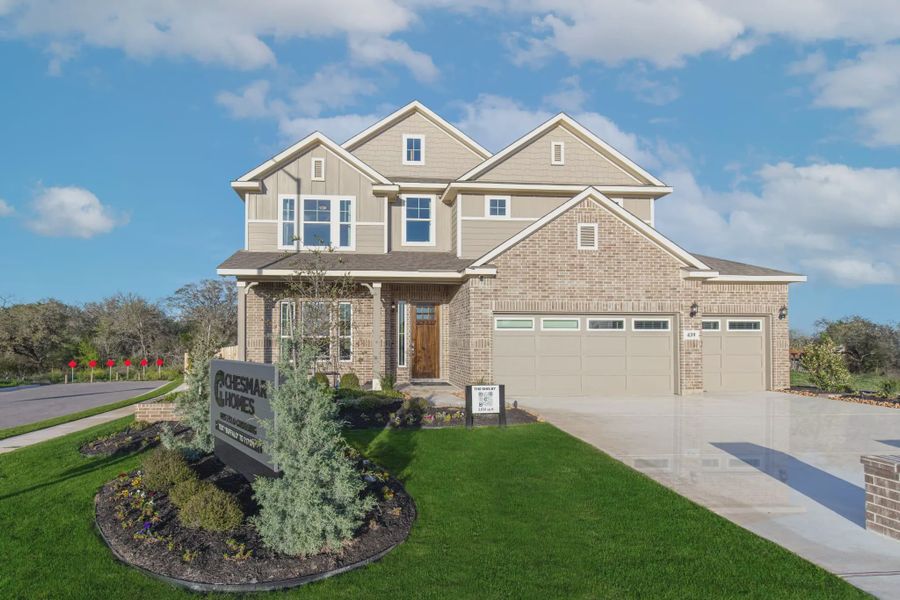 Representative exterior photo of a completed home built from the Shelby by Chesmar Homes in Buffalo Crossing, Cibolo, TX (Image 2).