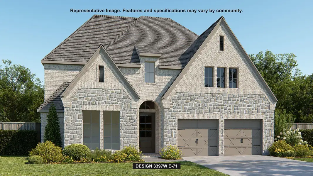 Front exterior of a new home in Midline, Webster, TX, highlighting curb appeal (Image 1). Front exterior of a new home in Midline, Webster, TX, highlighting curb appeal (Image 1).