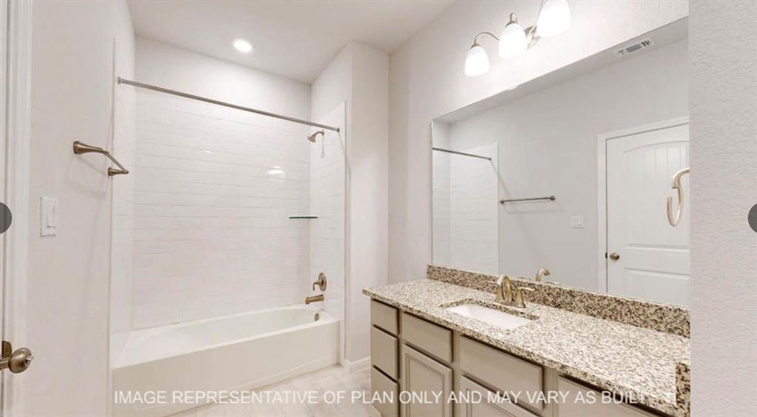 Bathroom featuring visible vents, shower / bathing tub combination, and vanity Bathroom featuring visible vents, shower / bathing tub combination, and vanity