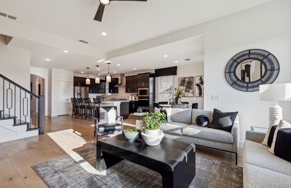 Gathering room with view of kitchen