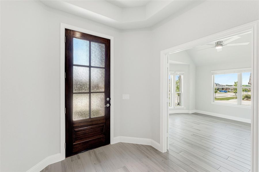 Entryway with dark wood door featuring frosted glass panels and light hardwood floors leading to bright living room