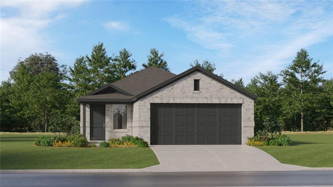 View of front of house featuring a garage and a front lawn