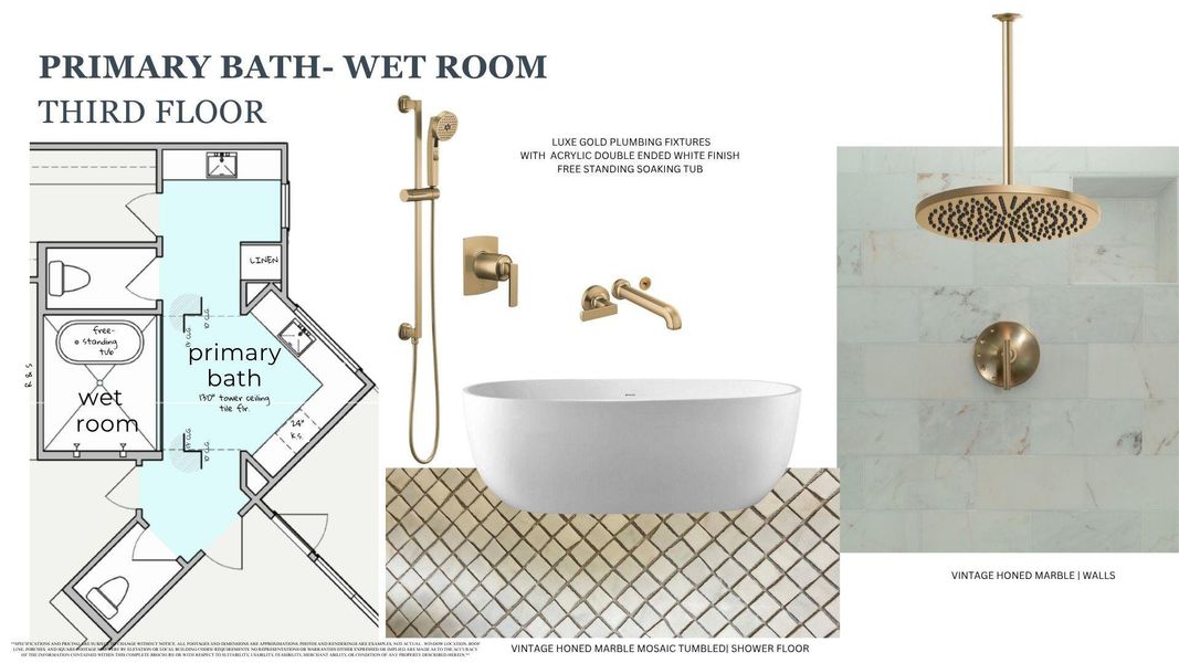 Primary Bath Wet Room featuring vintage-honed Marble Walls, Mosaic Tile flooring, and Luxe Gold plumbing fixtures paired with a Freestanding Soaking Tub.
