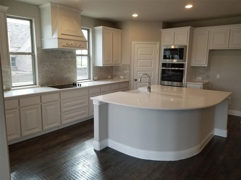 Kitchen offers built-in double oven, custom cabinet vent hood to outside, gas cooktop, and would be a cook's dream!