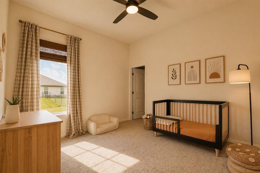 Carpeted room featuring a single window with blinds and plaid drapes, a ceiling fan, and a light-toned interior door