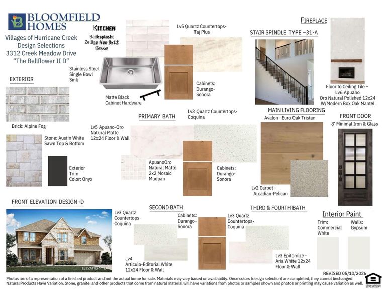 Bloomfield Homes design selection board for The Bellflower II D showing exterior, kitchen, bath, flooring, and fireplace material samples. Bloomfield Homes design selection board for The Bellflower II D showing exterior, kitchen, bath, flooring, and fireplace material samples.