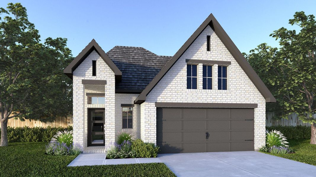 Front exterior of a new home in Meridiana, Manvel, TX, highlighting curb appeal (Image 1). Front exterior of a new home in Meridiana, Manvel, TX, highlighting curb appeal (Image 1).