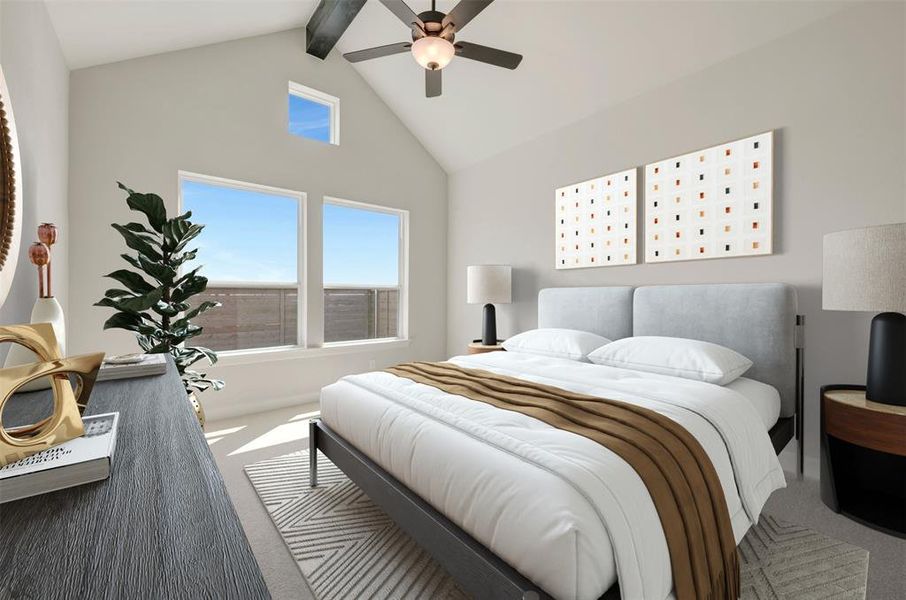 Spacious room featuring vaulted ceilings, a prominent ceiling fan, and multiple windows including an upper transom window