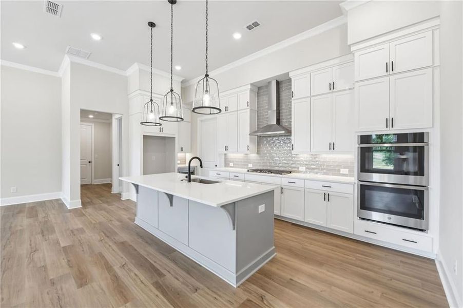 Modern kitchen featuring an island with a built-in sink, white cabinetry with dark hardware, stainless steel appliances, a tiled backsplash, and wood-finish flooring