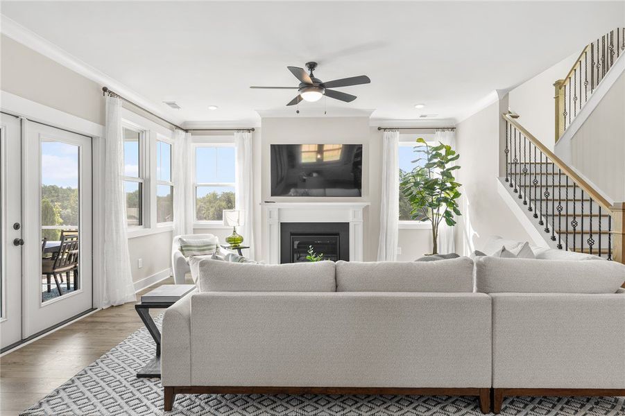 Bright and airy living room with a cozy fireplace