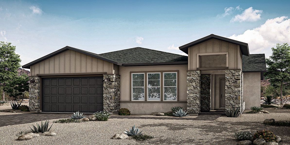 Front exterior of a new home in Overlook at The Dells, Prescott, AZ, highlighting curb appeal (Image 5).