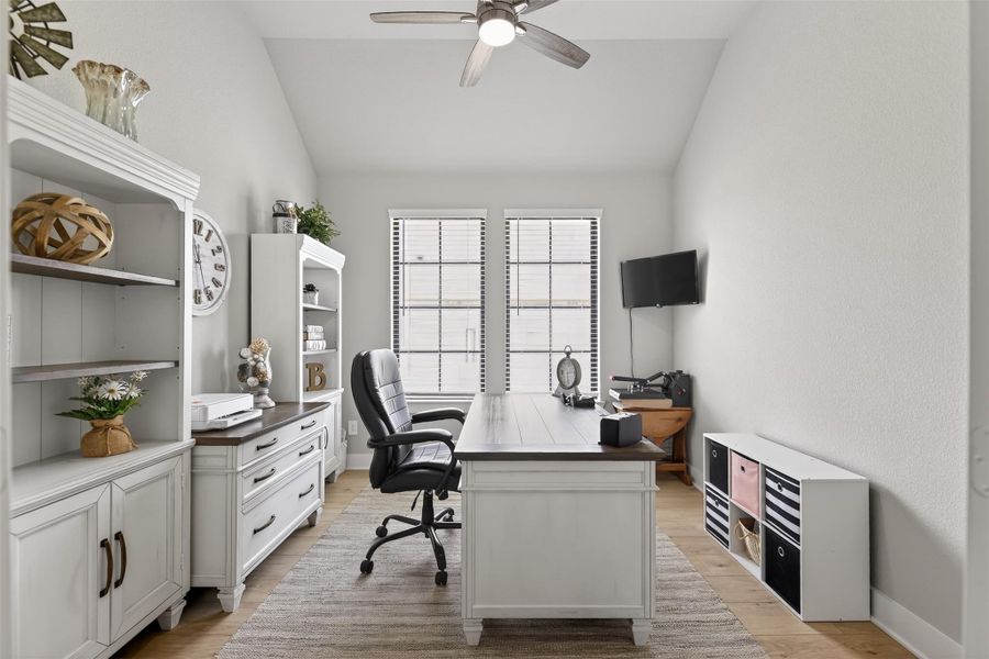 This beautiful and bright office creates a functional and style work from home environment