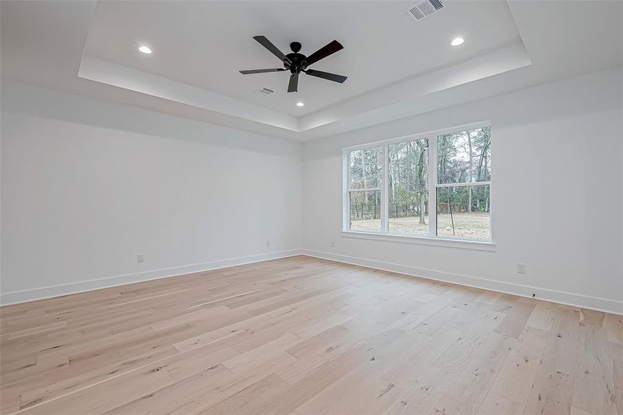 The room is bright with natural light and tray ceiling giving it a nice open feel.